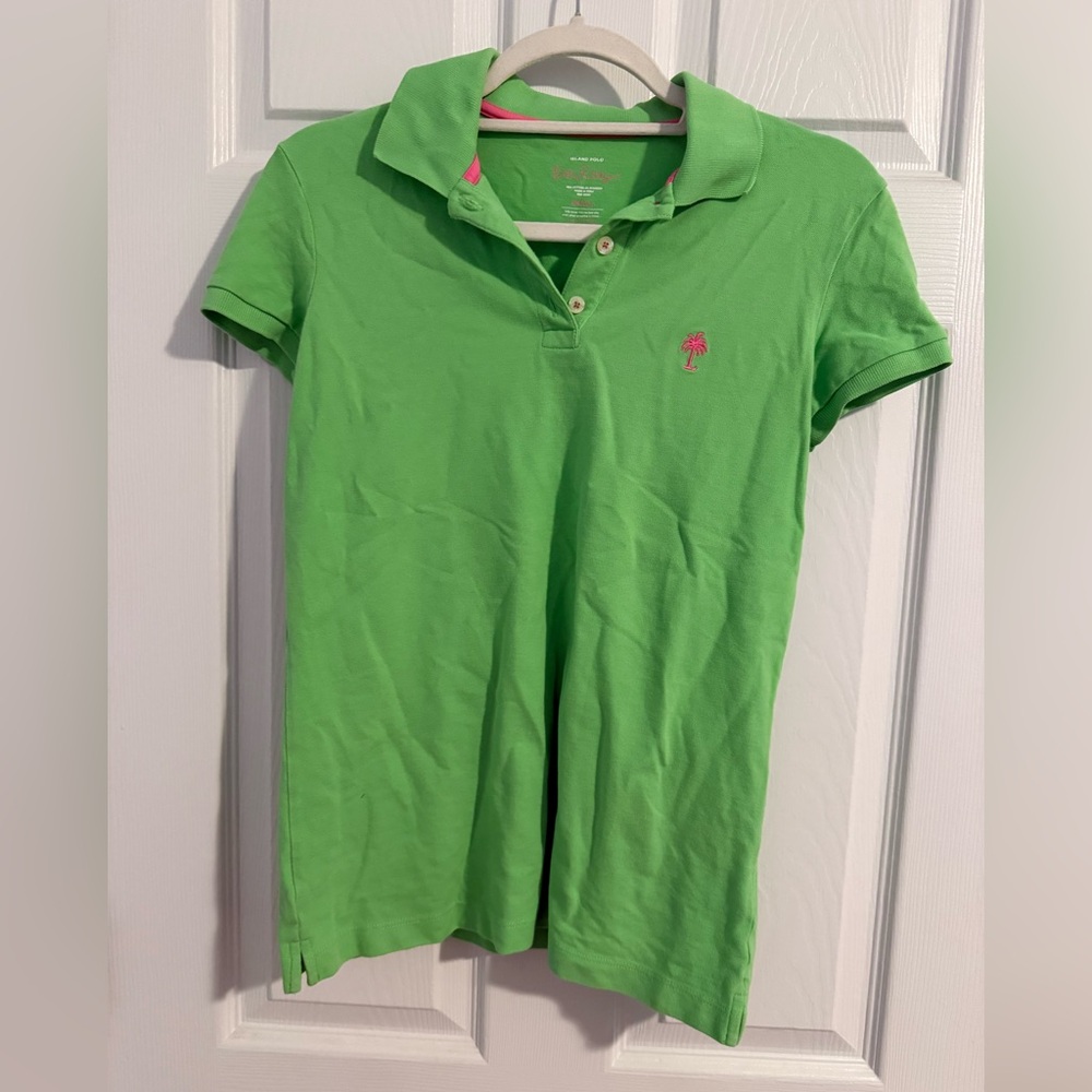 Lilly Pulitzer Green Island Polo Shirt with Pink Logo